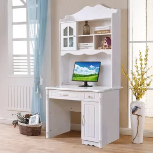 Factory Portable European White Computer Desk with Hutch Glass Cabinet Drawers Durable Office Desk