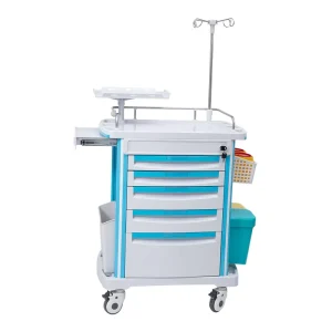 Factory Price 750mm 5 Drawers ABS Multi functional Hospital Emergency Trolley with IV Stand 4 Universal Wheel
