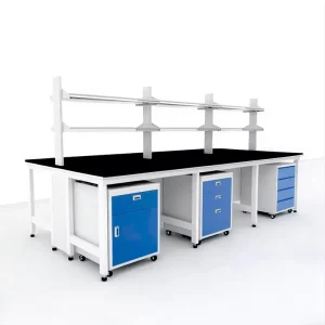 Factory Price Acid Resistant Laboratory Furniture Steel Wood Lab Benches with Movable Cabinets and Reagent Shelves