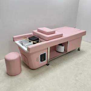 Factory Price Pink Water Circulation Head Therapy Head Spa Shampoo Bed with Water Tank With Round Stool for Salon Furniture