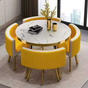 Factory Restaurant Furniture Small Round Golden Edge MDF Dining Table and 4 PU Leather Chair Combination Set