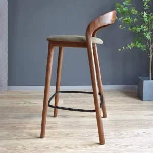 Factory Solid Wood Bar Stool Curved Soft Fabric Cushion Black Metal Footrest Counter Chair for Home Bar Kitchen Island