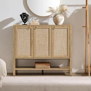 Factory Supplier Rattan 3 Door Tall 30 Pairs Entryway Shoe Rack Organizer Shoe Storage Cabinet with Adjustable Shelves
