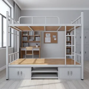 Factory Supply Dormitory Double Decker Metal Bed with Lockable Storage Cabinet Heavy Duty Space Saving Iron Bunk Bed
