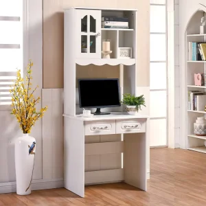Factory White MDF Computer Desk Hutch Portable Country Style Writing Desk Cabinet Drawers Bedroom Study Home Office