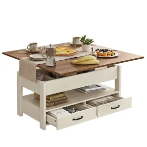 Farmhouse Lift Top 3 in 1 Storage Gas Spring 2 Drawers 3 Hidden Compartments Open Shelf Eco Friendly Durable Wood Coffee