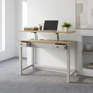 Farmhouse Sit Stand Computer Desk Height Adjustable Lift Top Writing Table with 2 Drawer Standing Workstation for Home Office