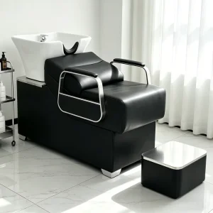 Fashion Barber Shop Commercial Shampoo Chair Modern Minimalism Design Half lying Wood Frame Durable Ceramic Deep Basin Pumping