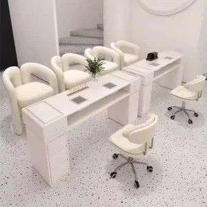 Fashion Light Luxury Modern Simple Metal Salon Furniture Marble Art Nail Table Set Single Double Seat Manicure Table