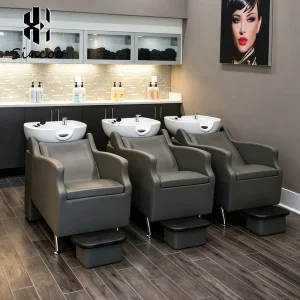 Fashion Shampoo Chair with Thickened Seat Cushion Semi lying Design Customized Color LOGO Ceramic Basin Shampoo Bed
