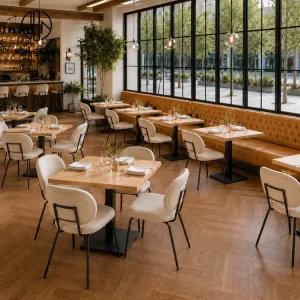 Fashionable Beauty Restaurant Furniture Set Bar Stool Square Wood Table Tufted Leather Booth Seating Upholstered Chair