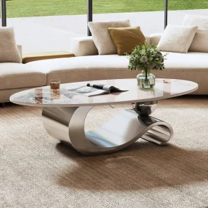 Faux Marble Oval Coffee Table with Adjustable Height Contemporary Gray Stainless Steel Base Modern Living Room Furniture