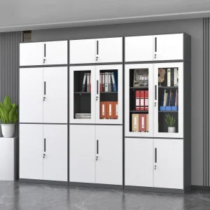 File Cabinet Lock Steel Office Cupboard with Tempered Glass Doors Adjustable Shelves and Large Storage Space