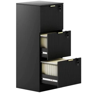 Filing Cabinet Fluted Vertical File Cabinet with 3 Lockable Drawers and Hanging Rails Black