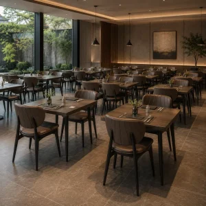 Fine Dining Restaurant Furniture Set Brown Upholstered Chairs Metal Frame Durable Easy to Clean Seating