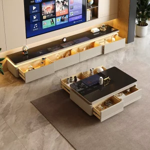 Floor Fashion Luxury Simple Electric Led Long Glass Wooden White Gold Modern Coffee Table for Living Room