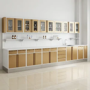 Floor Mounted Full Steel Lab Wall Bench with Side Table Base Cabinet 8 Drawers Chemical Resistant Top for Hospital School Use