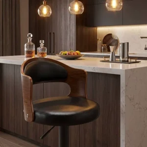 Floor Protection Bar Stool Curved Armrest Pneumatic Height Adjustable Integrated Footrest Matte Black Base for Kitchen Living