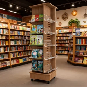 Floor Standing Metal Rotating Wood Acrylic Leaflet Magazine Book Holder Rotating Display Rack Movable Flooring Display Stand