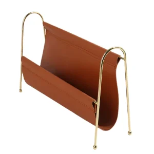 Floor Standing Sling Style Rack With Metal Frame Golden Classic Design Handmade Modern Leather Magazine Holder