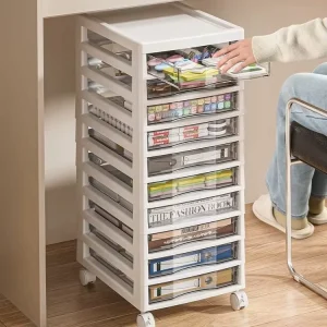 Floor standing Transparent Wheeled 10 tier Storage Cabinet with Multi layer Desktop Storage Rack for Office Use