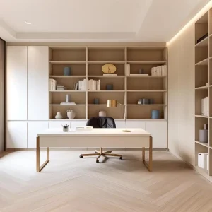 Floor to Ceiling Custom Bookshelf Integrated Writing Desk Unit Modern Wardrobe and Study Combo