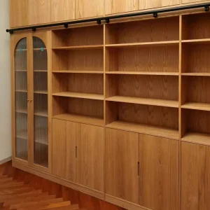 Floor to Wall Bookshelf for Log Style Study Room Home Library with Ladder Wooden Library Cabinet Customization