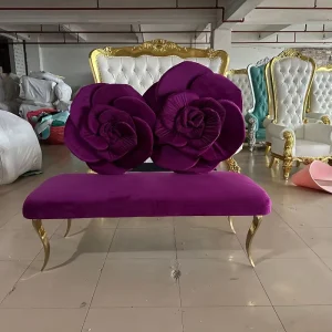 Floral Motif Double Seat Bench with Metal Legs for Hotel Lobby and Banquet Setup