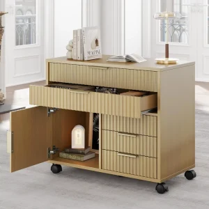 Fluted File Cabinet with 5 Drawers Office Storage Cabinet with Door Mobile Filing Cabinet with Locable Wheels