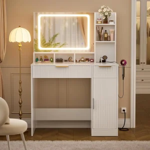 Fluted LED Vanity Desk Mirror Lights Wood Makeup Vanity Desk with Power Strips and Storage Cabinet