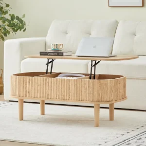 Fluted Lift Top Coffee Table with Hidden Compartment Assembled Wooden Center Table