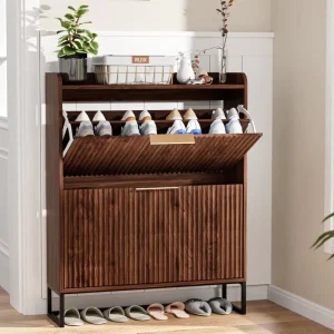 Fluted Shoe Cabinet Storage for Entryway Modern Shoe Rack in Dark Walnut Shoes Organizer with Cubby for Hallway