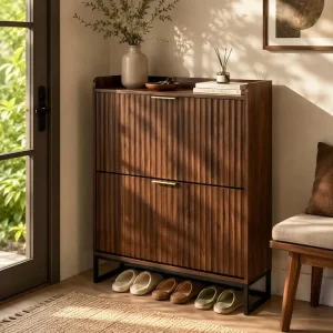 Fluted Shoe Cabinet Storage for Entryway Shoes Storage Cabinet with 2 Flip Drawers Modern Shoe Rack Organizer