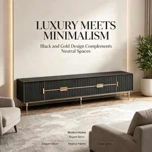 Fluted TV Stand Black Gold Media Cabinet Closed Storage Metal Leg Minimalist Living Room Wooden Television Furniture