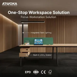 Focus Workstation Desk with Integrated Task Lighting and Built in Utility Drawer