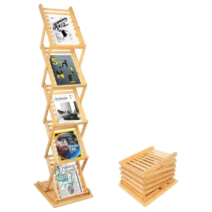 Foldable Floor Bamboo Wood Magazine Display Stand Rack for Home Office Retail Display
