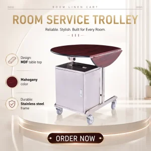 Foldable Mahogany Room Service Trolley for Hotel Brushed Stainless Steel Frame MDF Table Top Dining Cart 925x845mm