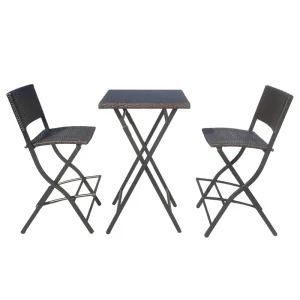 Foldable PE Wicker Bar Table and Stools 3 Piece Outdoor Patio Bistro Set Waterproof Rattan Counter Height Bar Furniture