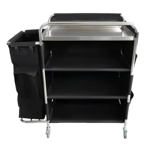 Foldable Stainless Steel Housekeeping Cart 4 Tier Hotel Cleaning Trolley With Detachable Linen Bag