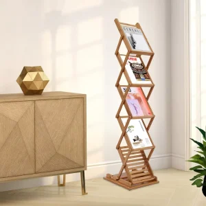 Foldable Wood Rack Portable Pop up Display Stand Rack Floor Bamboo Magazine Rack for Trade Shows