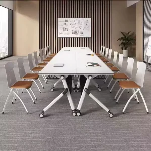 Folding Bamboo Rectangular Conference Table Mobile Training Chair Set with Casters for Meeting Rooms Events Modular Office Desk