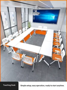 Folding Steel Conference Table with Chairs Casters Simplicity Design for Commercial Office and School Use