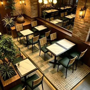 Food Service Furnishing Set Waterproof Marble Top Dining Table Lightweight Stackable Rattan Cane Chair for Hotel Lobby Snack Bar