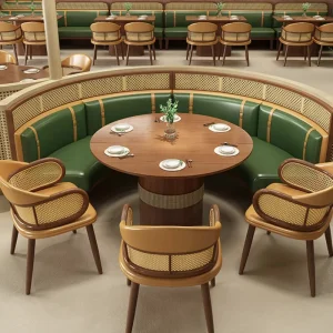 Forest Green Leather Banquette with Rattan Back Tropical Chic Restaurant Sofa Dining Furniture Set Circular Booth Seating Set