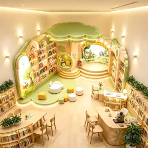 Forest Tree Shape Kids Story Stage Reading Corner Complete Furniture Custom Wooden Children Library Bookshelf Booth