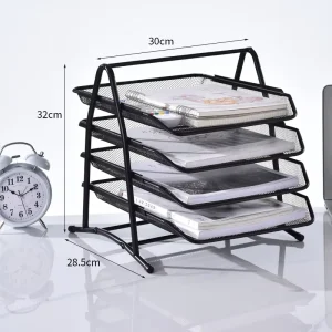Four Layer Metal File Shelf with Tray and Box Data Column Magazine Bookshelf Multi Layer Storage Rack Desk Tray 4 Levels