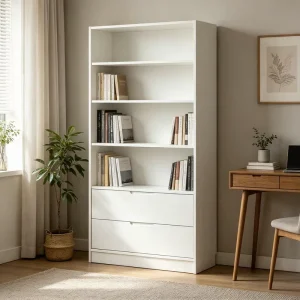 Four Tier Eco Friendly Durable Modern Wooden Bookshelf with Drawers Made of Melamine faced Particleboard Home Furniture