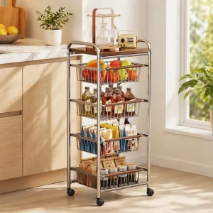 Four Tier Wire Frame Rolling Storage Cart Polished Chrome Bathroom Bedroom Organizer Movable Rolling Kitchen Trolley Cart