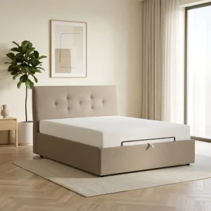Free Sample Modern Furniture Tufted Linen Fabric Slat Dormitory Hotel Room King Queen Double Pine Wood Box Soft Bed