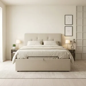 Free Sample Postmodern Soft Bed Tufted Linen Fabric Slat Dormitory Hotel Room King Queen Double Pine Wood Storage Bed